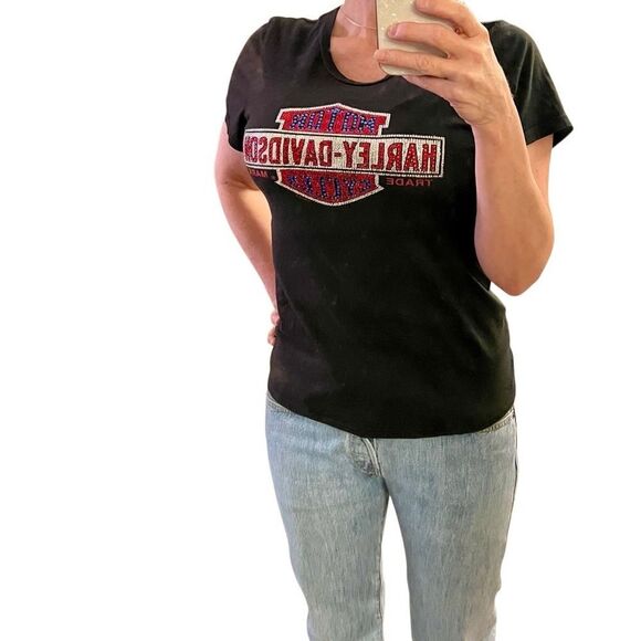 Y2K Harley Davidson Logo Biker Sparkly Red Blue Casual Black Cap Sleeve Top XL - Picture 8 of 16